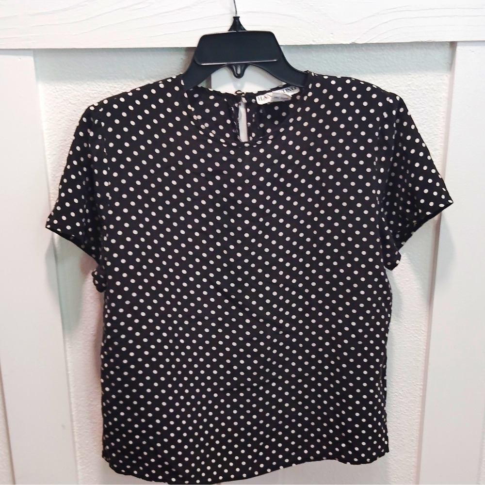 Hana Sung Womens M Black White Polka Dot Silk Chiffon Round Neck Sheer Blouse